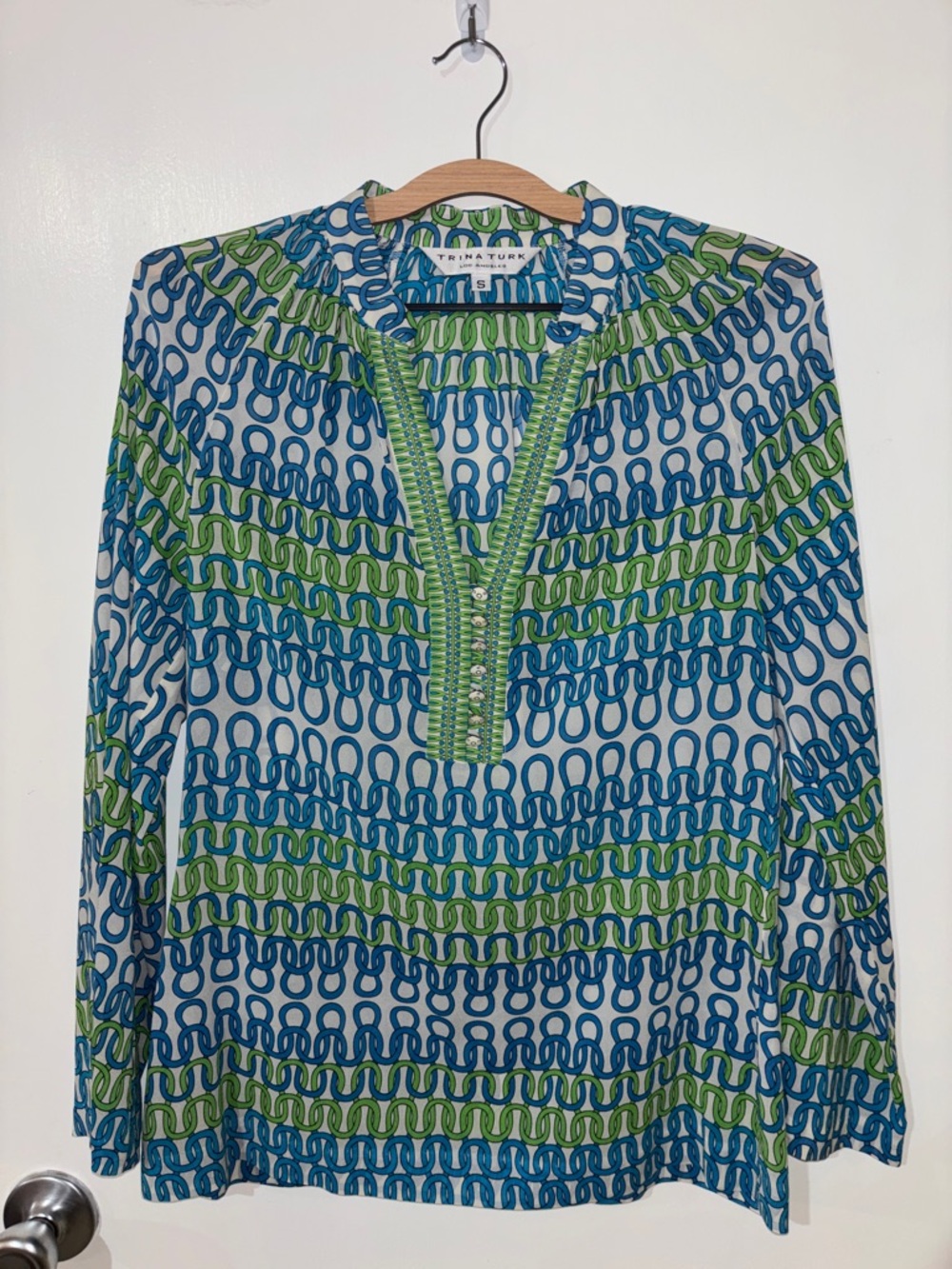 Trina Turk Blue and Green Chain-Link Tunic Top